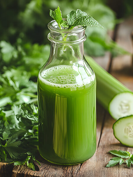Clear glass bottle of green cabbage juice with cucumber, celery, and mint on a wooden table