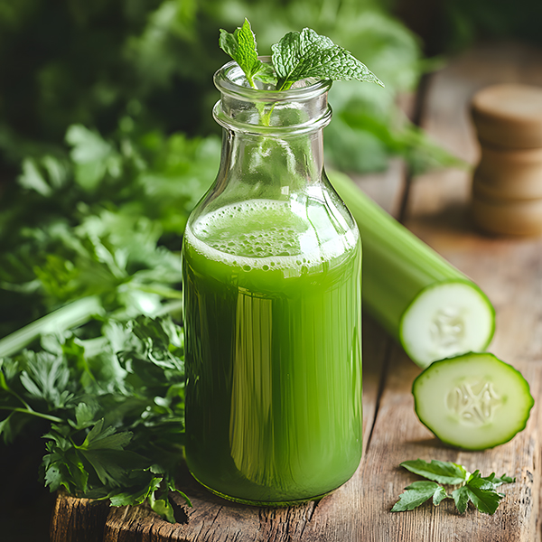 Clear glass bottle of green cabbage juice with cucumber, celery, and mint on a wooden table
