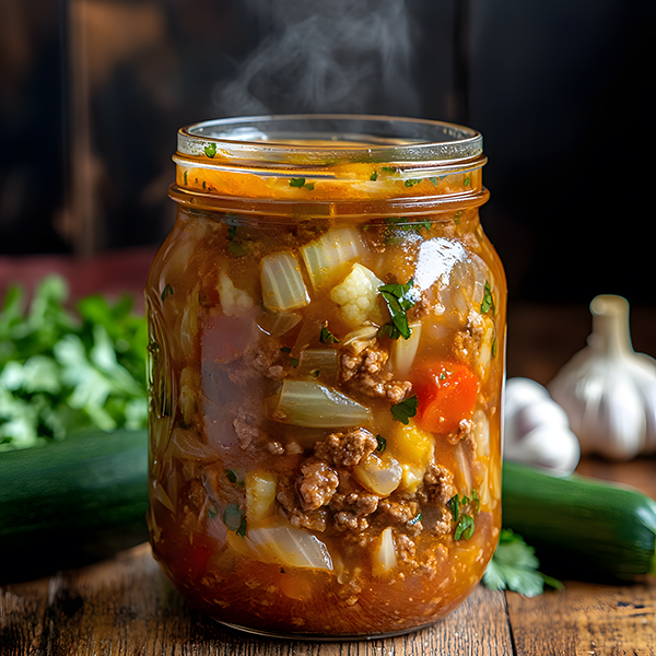 A clear mason jar filled with keto cabbage beef soup, surrounded by fresh vegetables.