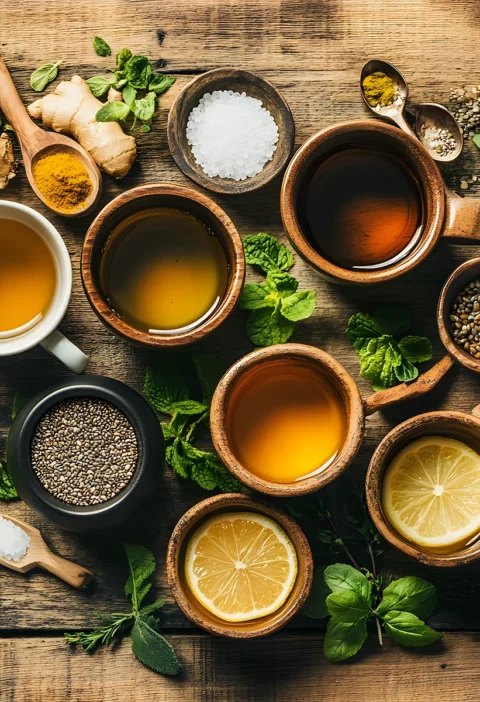 Various herbal teas, fresh herbs, ginger, turmeric, and natural wellness ingredients on rustic wood