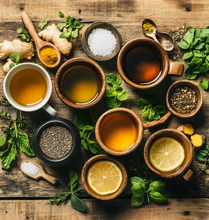 Various herbal teas, fresh herbs, ginger, turmeric, and natural wellness ingredients on rustic wood
