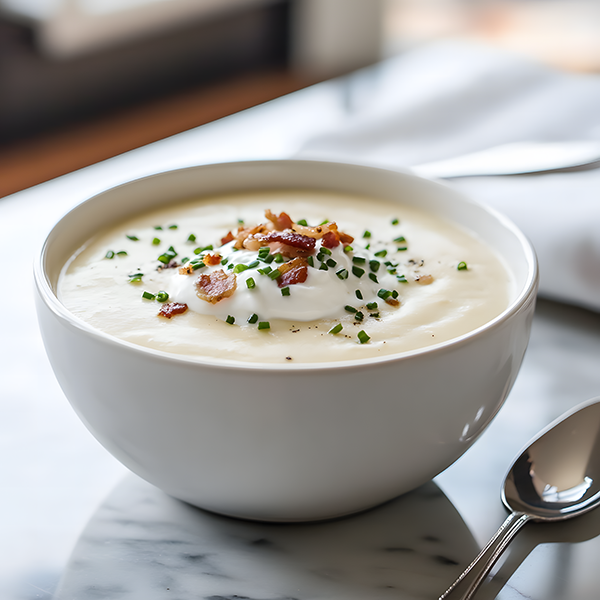 Creamy keto cottage cheese soup in a white bowl with bacon, sour cream, and chives on a marble counter