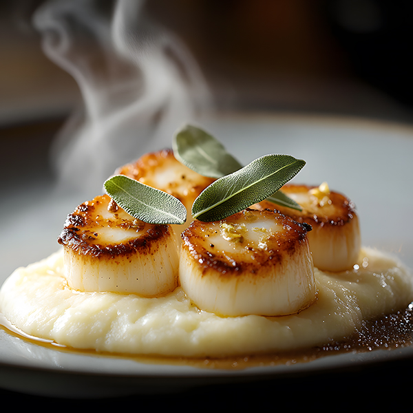 Keto seared scallops over cauliflower purée with sage butter drizzle