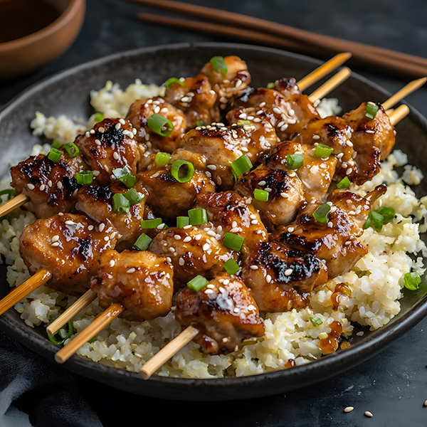 Keto chicken yakitori skewers with a caramelized glaze served over sesame cauliflower rice on a dark ceramic plate with chopsticks.