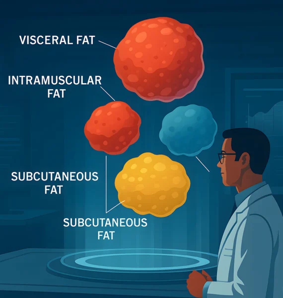 Doctor examining different types of body fat: visceral, intramuscular, and subcutaneous fat illustration