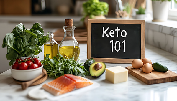 Bright kitchen with keto-friendly ingredients like avocado, salmon, eggs, and leafy greens on a marble counter under natural light.