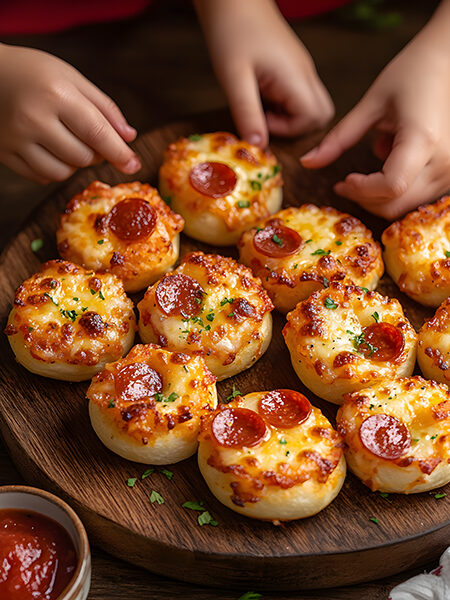 Keto pizza bagel bites with melted cheese and mini pepperoni on a wooden plate