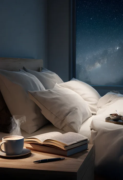 Cozy bedroom with unmade bed, coffee, book, and starry night sky view