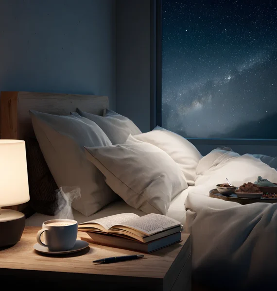 Cozy bedroom with unmade bed, coffee, book, and starry night sky view