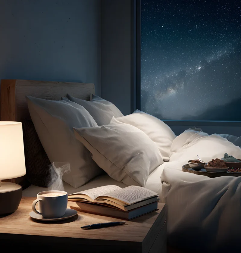 Cozy bedroom with unmade bed, coffee, book, and starry night sky view