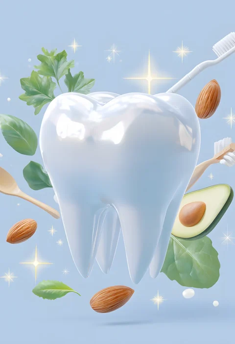 White tooth surrounded by healthy foods, toothbrushes, and sparkling dental hygiene elements