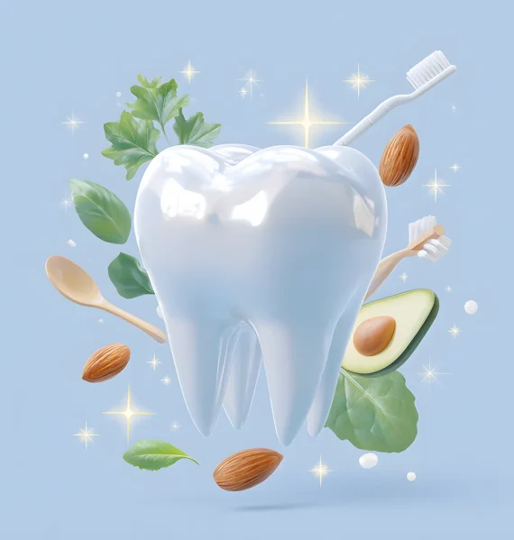 White tooth surrounded by healthy foods, toothbrushes, and sparkling dental hygiene elements