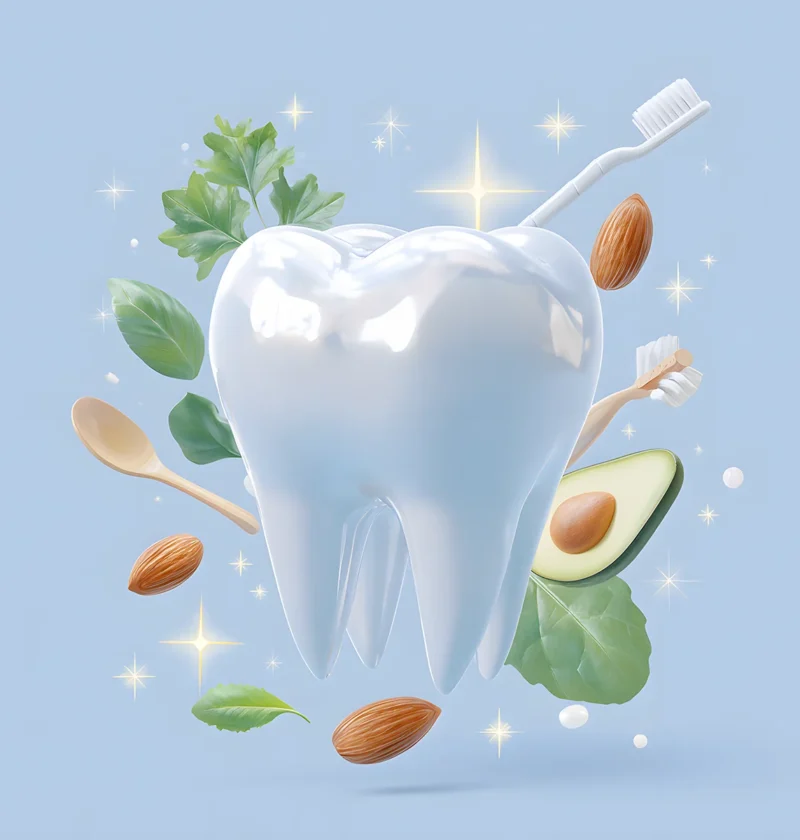 White tooth surrounded by healthy foods, toothbrushes, and sparkling dental hygiene elements