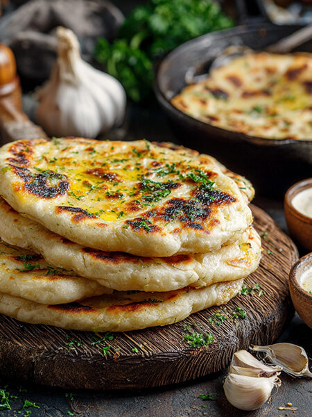 keto garlic butter flatbread stacked with melted butter and garlic on wooden board