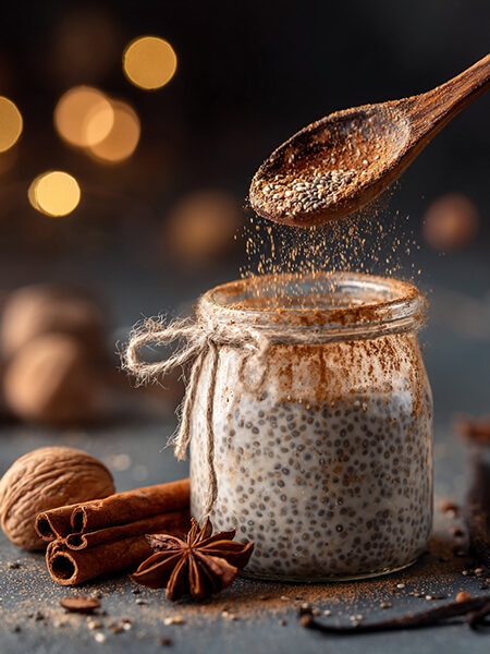 Glass jar of creamy keto chia seed sleep pudding topped with cinnamon and walnuts