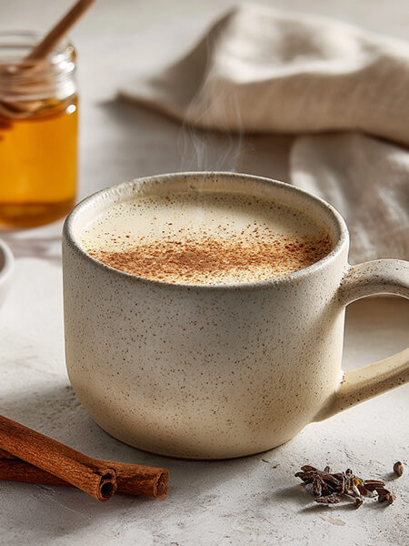 a warm mug of creamy keto sleepytime milk with cinnamon sprinkled on top, surrounded by calming bedtime elements like a blanket and candlelight