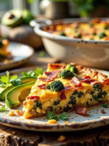 Golden keto breakfast casserole with sausage, bacon, eggs, broccoli, spinach, mushrooms, and melted cheddar cheese served in a rustic baking dish.