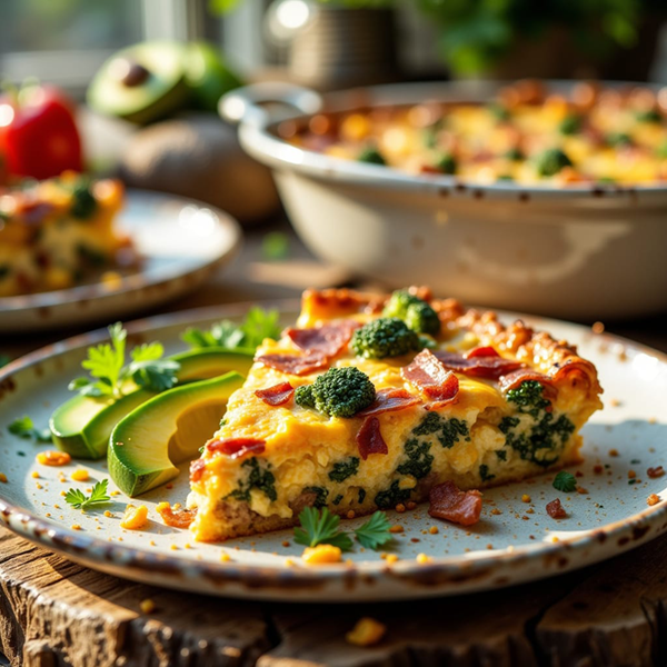 Golden keto breakfast casserole with sausage, bacon, eggs, broccoli, spinach, mushrooms, and melted cheddar cheese served in a rustic baking dish.