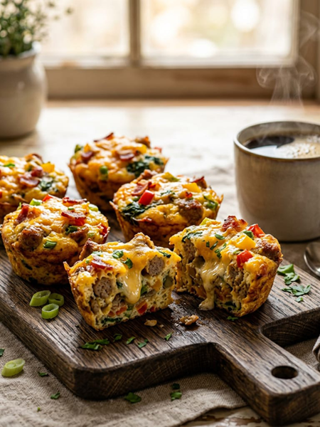 Golden keto breakfast muffins filled with sausage, bacon, cheese, spinach, mushrooms, and bell peppers on a rustic serving board.