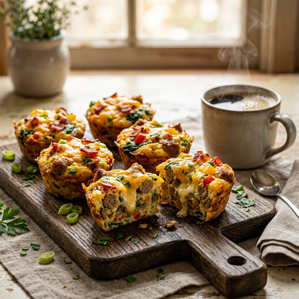 Golden keto breakfast muffins filled with sausage, bacon, cheese, spinach, mushrooms, and bell peppers on a rustic serving board.