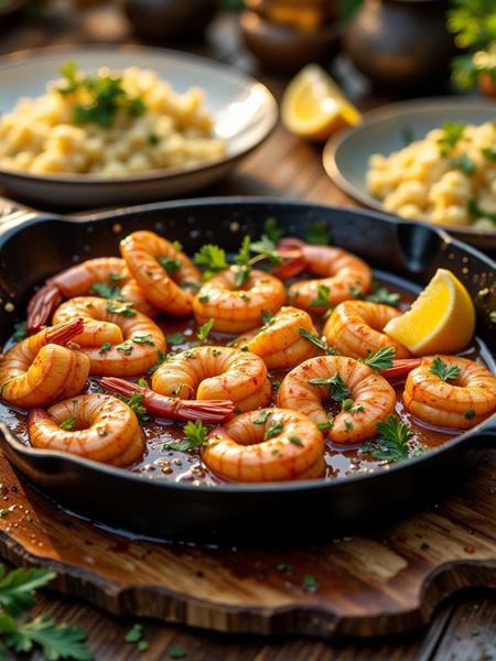 Authentic keto Spanish garlic shrimp served with buttery lemon cauliflower rice and fresh parsley.