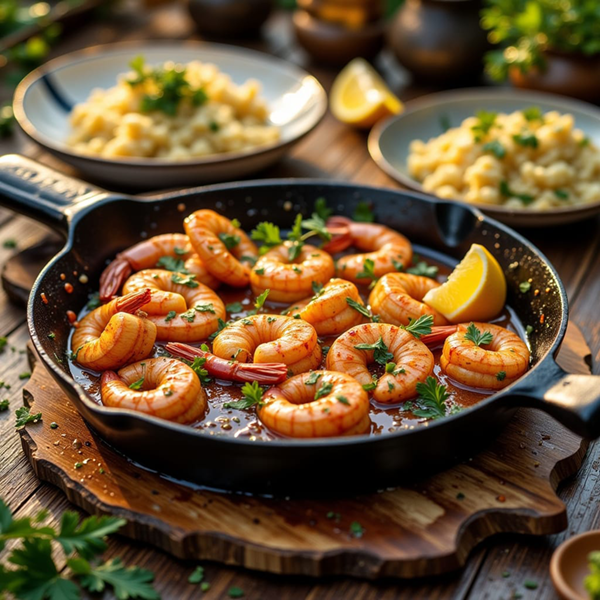 Authentic keto Spanish garlic shrimp served with buttery lemon cauliflower rice and fresh parsley.