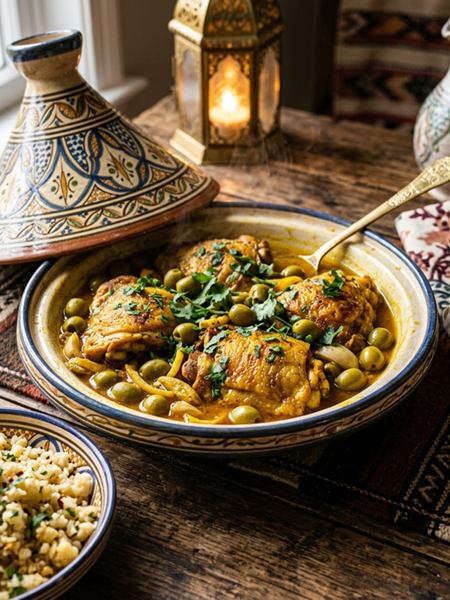 Keto Moroccan chicken tagine with preserved lemon, green olives, fresh herbs, saffron sauce, and buttery cauliflower rice.