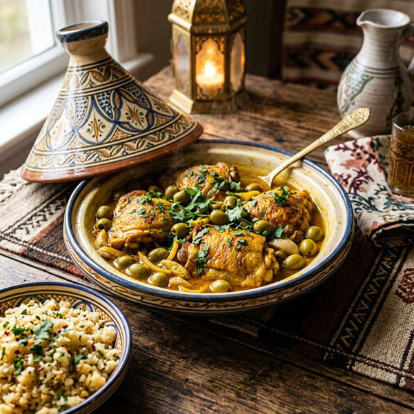 Keto Moroccan chicken tagine with preserved lemon, green olives, fresh herbs, saffron sauce, and buttery cauliflower rice.