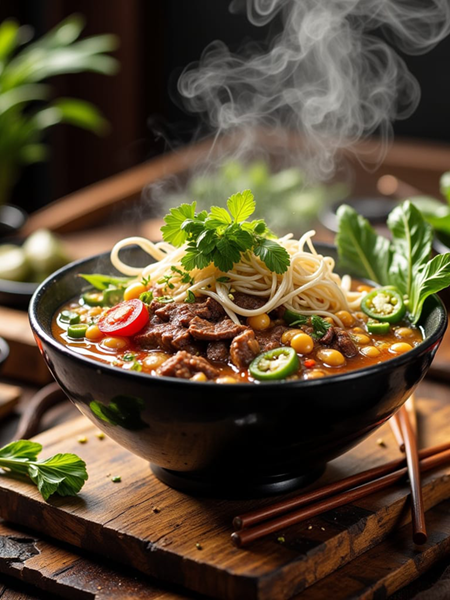 Korean Keto Pho with bulgogi beef, shirataki noodles, kimchi, fresh herbs, radishes, jalapeño, lime, and sesame seeds.