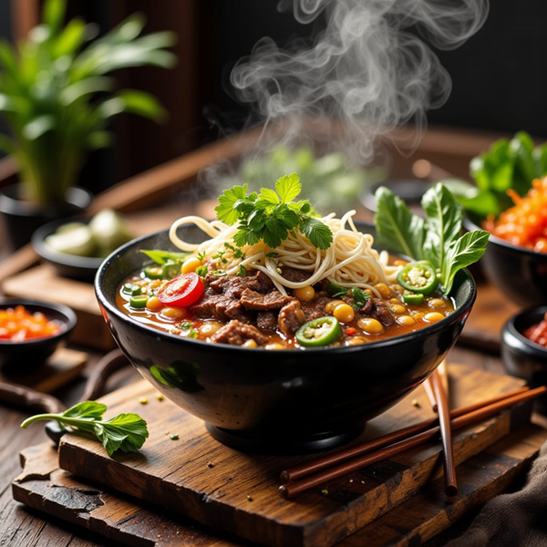 Korean Keto Pho with bulgogi beef, shirataki noodles, kimchi, fresh herbs, radishes, jalapeño, lime, and sesame seeds.