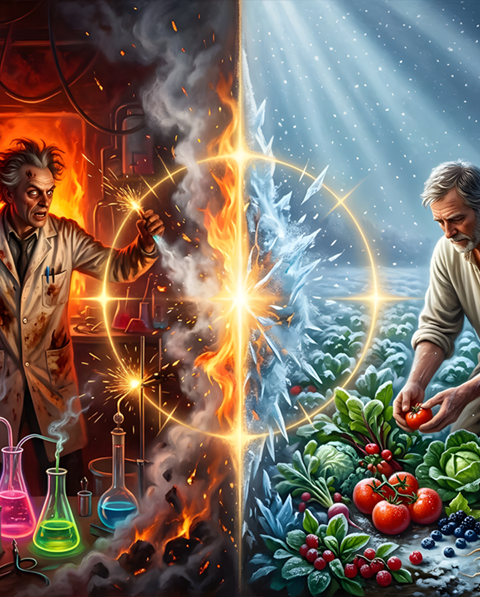 Split image of a mad scientist mixing glowing chemicals in a fiery lab on the left and a farmer harvesting fresh vegetables in a snowy field on the right, divided by a glowing line.