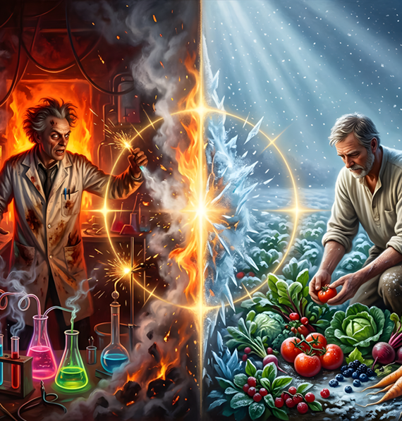 Split image of a mad scientist mixing glowing chemicals in a fiery lab on the left and a farmer harvesting fresh vegetables in a snowy field on the right, divided by a glowing line.