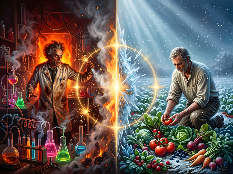 Split image of a mad scientist mixing glowing chemicals in a fiery lab on the left and a farmer harvesting fresh vegetables in a snowy field on the right, divided by a glowing line.